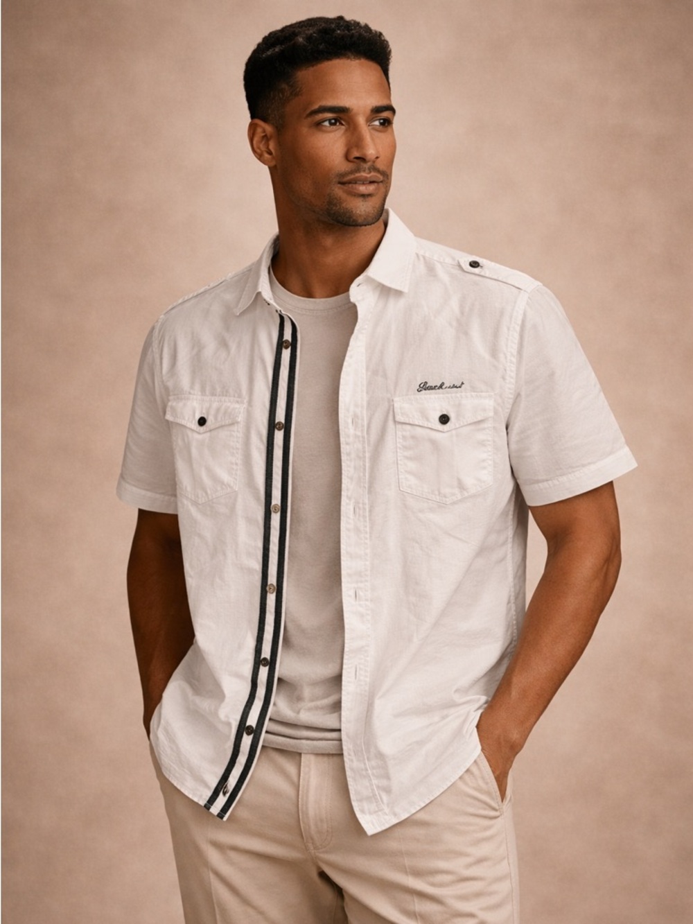Blanc du Nil Premium White Button-Up Shirt with Black Trim Linen Blend Size L